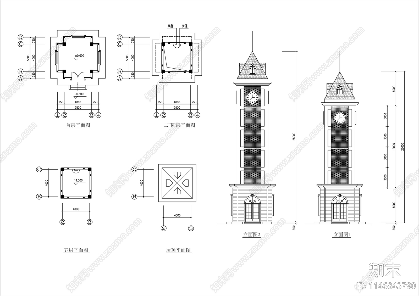 钟楼建筑图cad施工图下载【ID:1146843790】