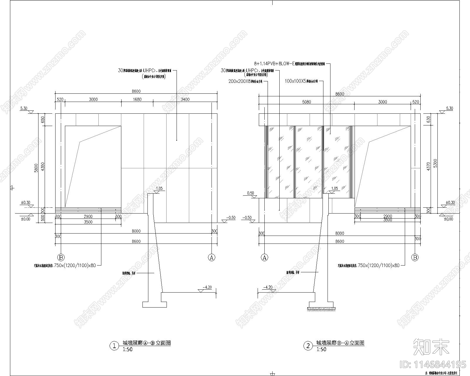 城墙展廊建筑施工图下载【ID:1146844195】