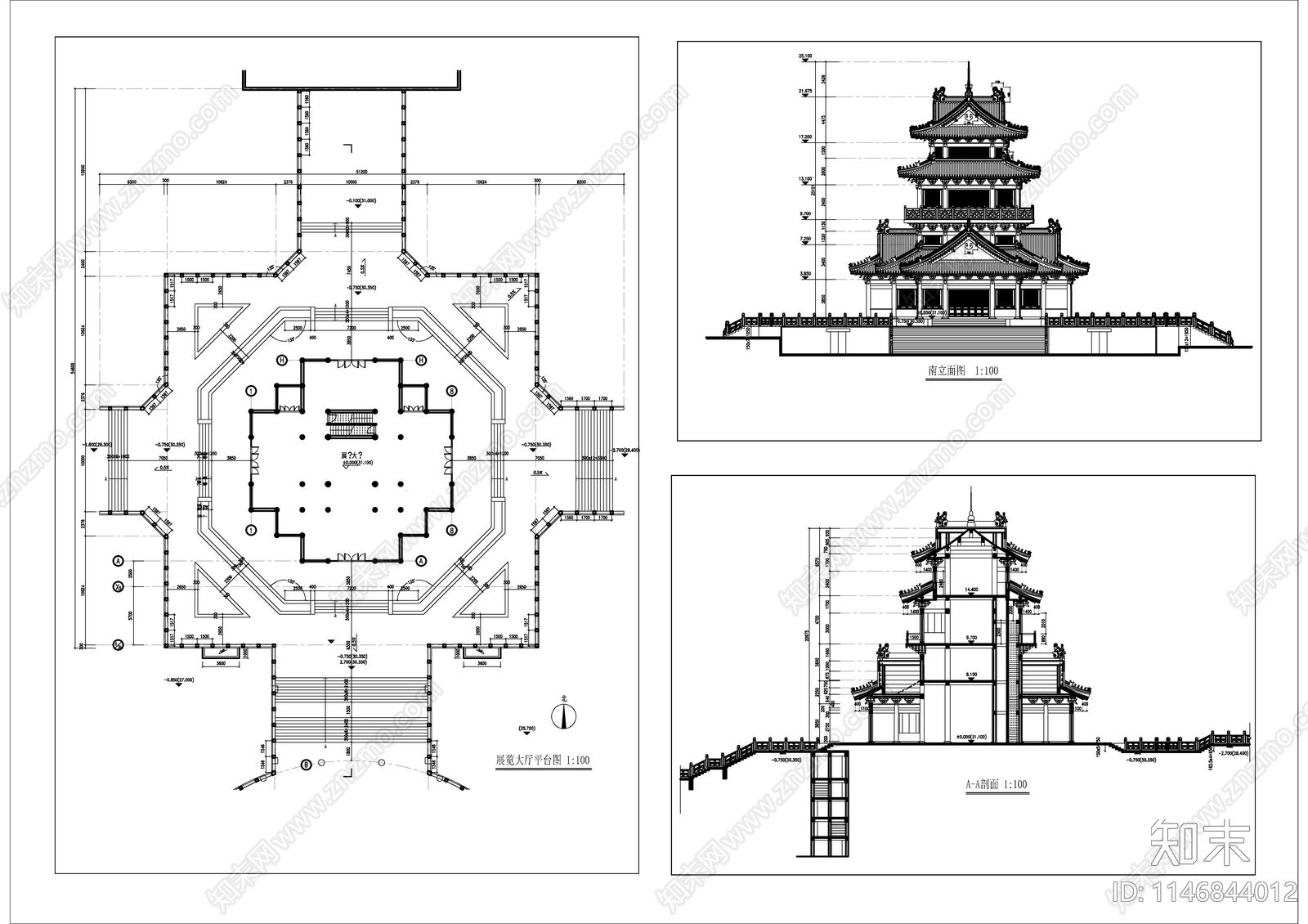 望海楼建筑cad施工图下载【ID:1146844012】