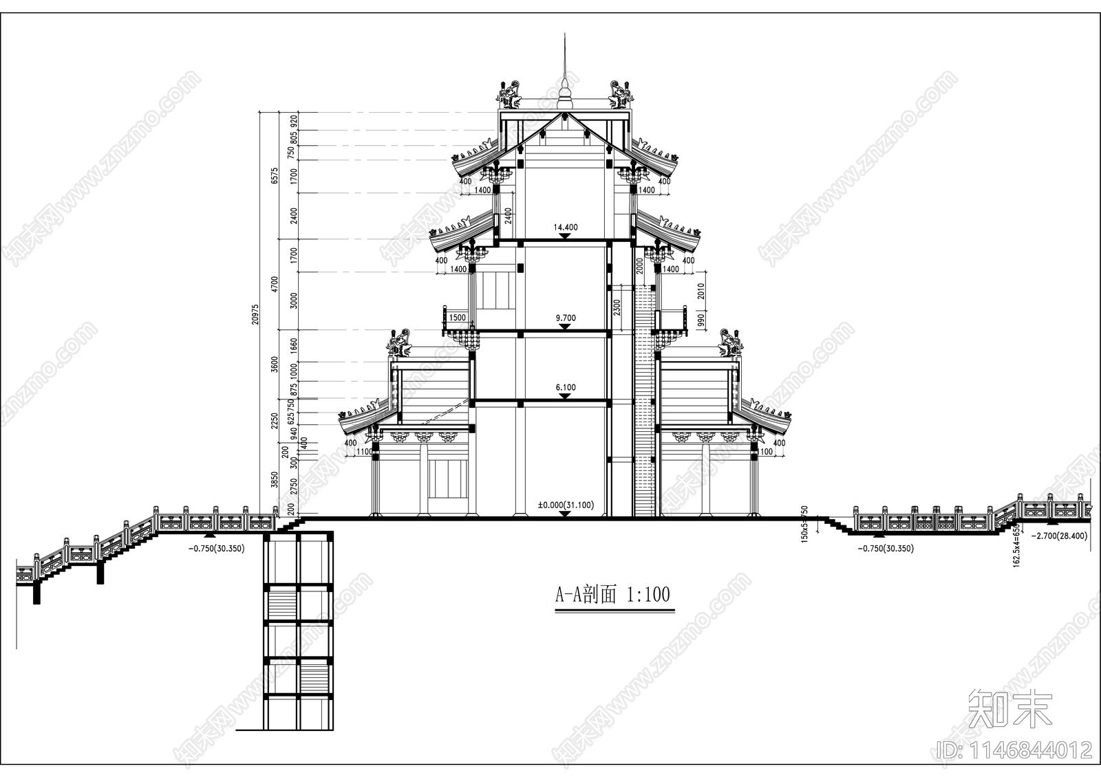 望海楼建筑cad施工图下载【ID:1146844012】