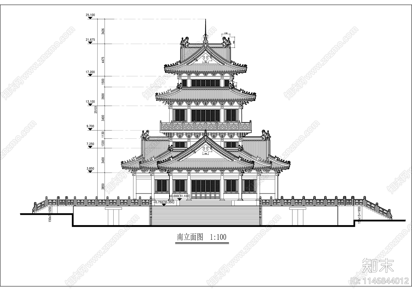 望海楼建筑cad施工图下载【ID:1146844012】