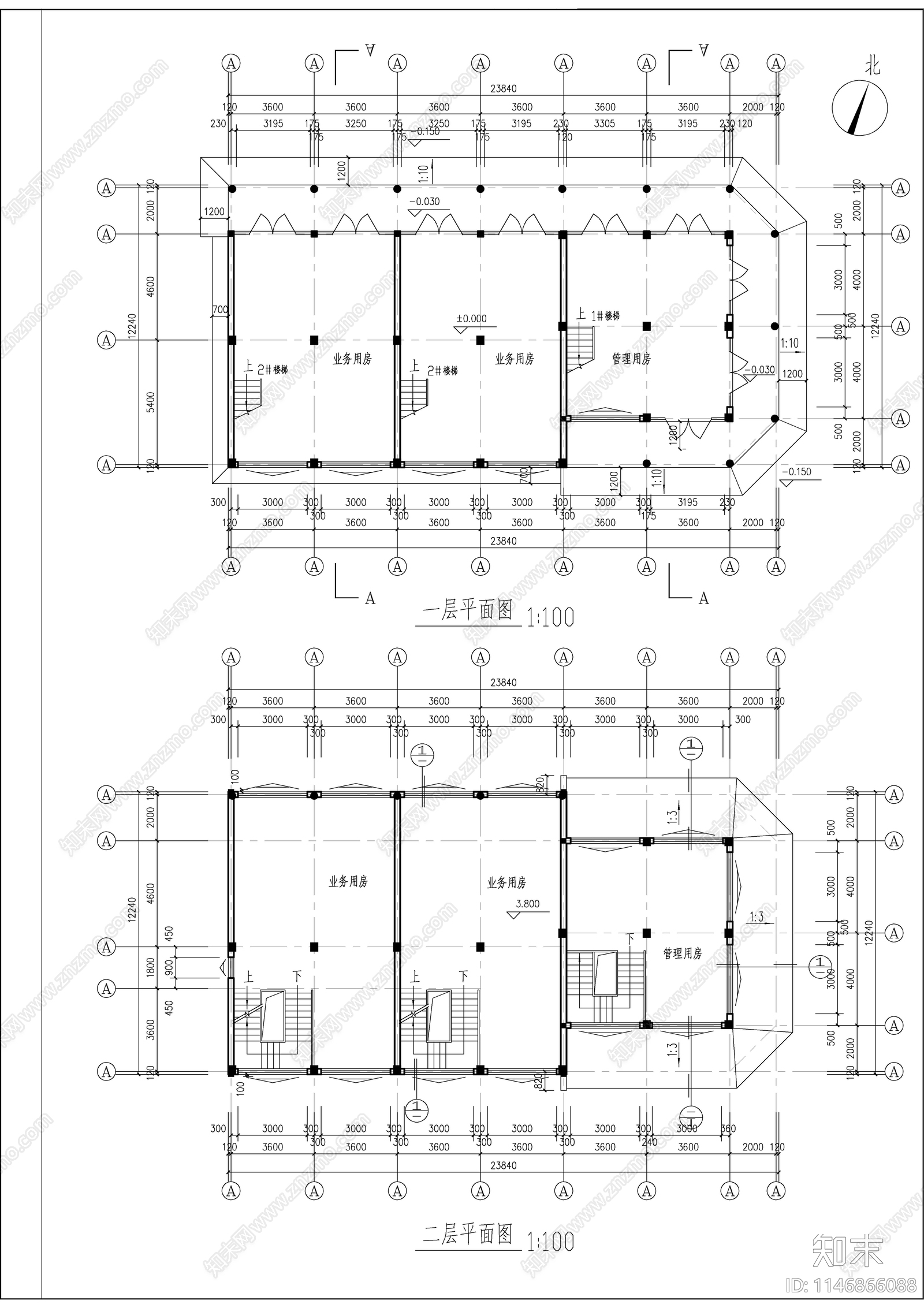 仿古风格办公楼建筑cad施工图下载【ID:1146866088】