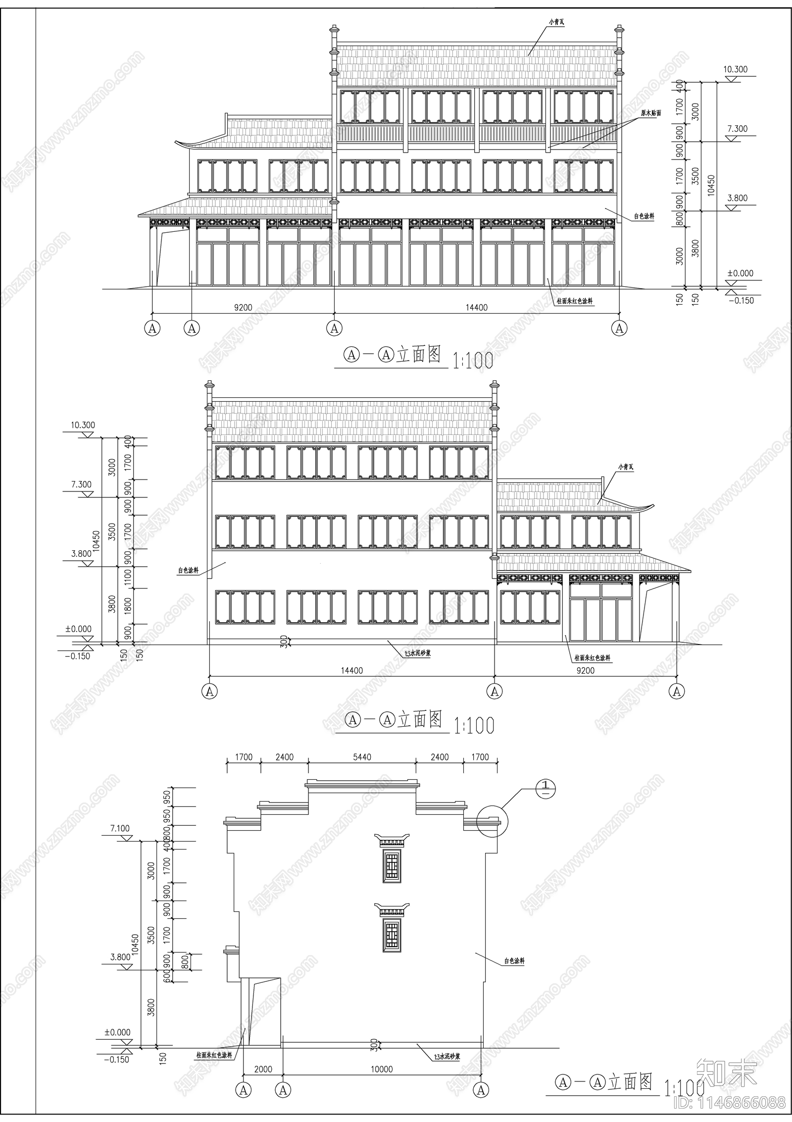仿古风格办公楼建筑cad施工图下载【ID:1146866088】