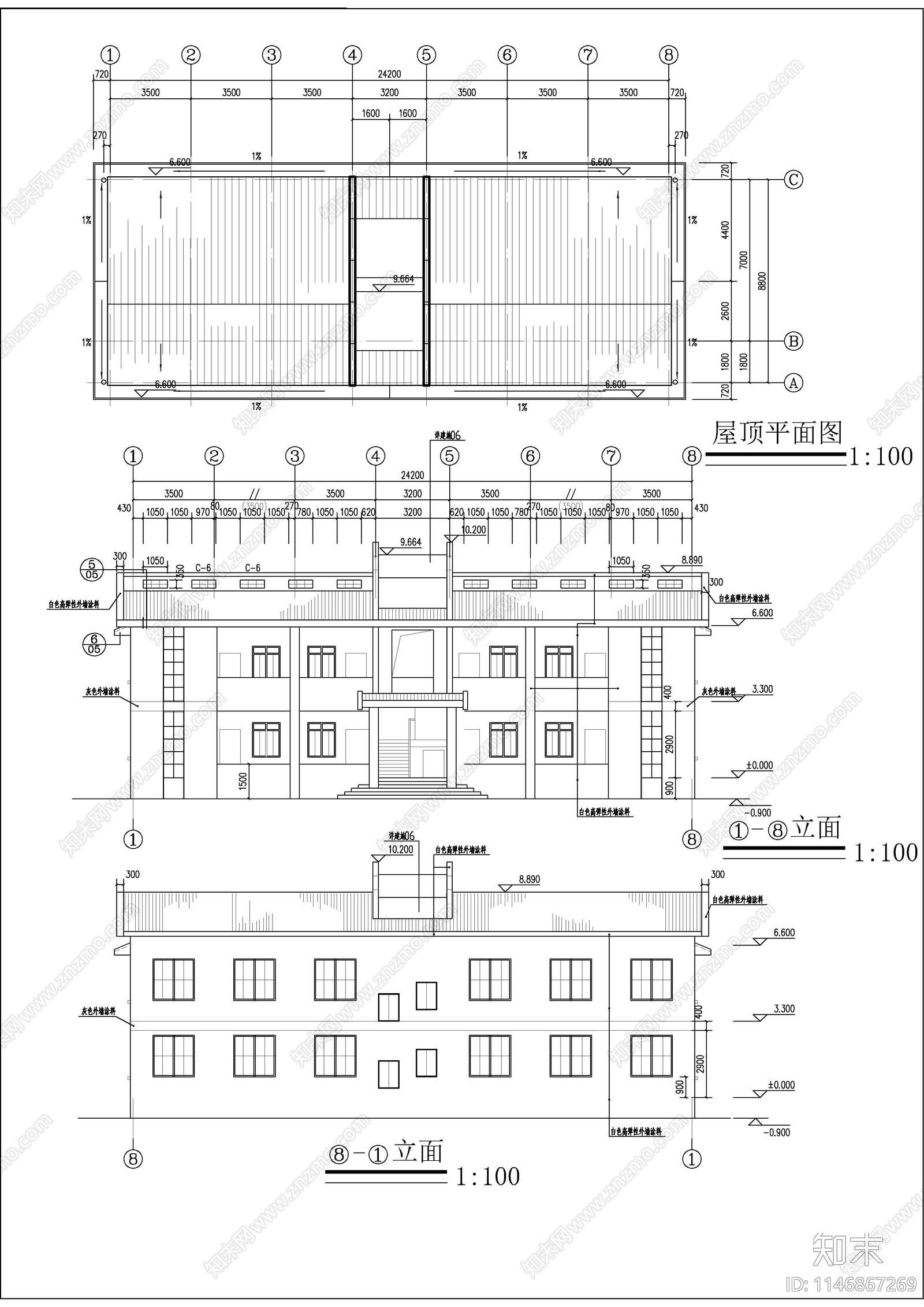 徽派风格二层办公楼建筑cad施工图下载【ID:1146867269】