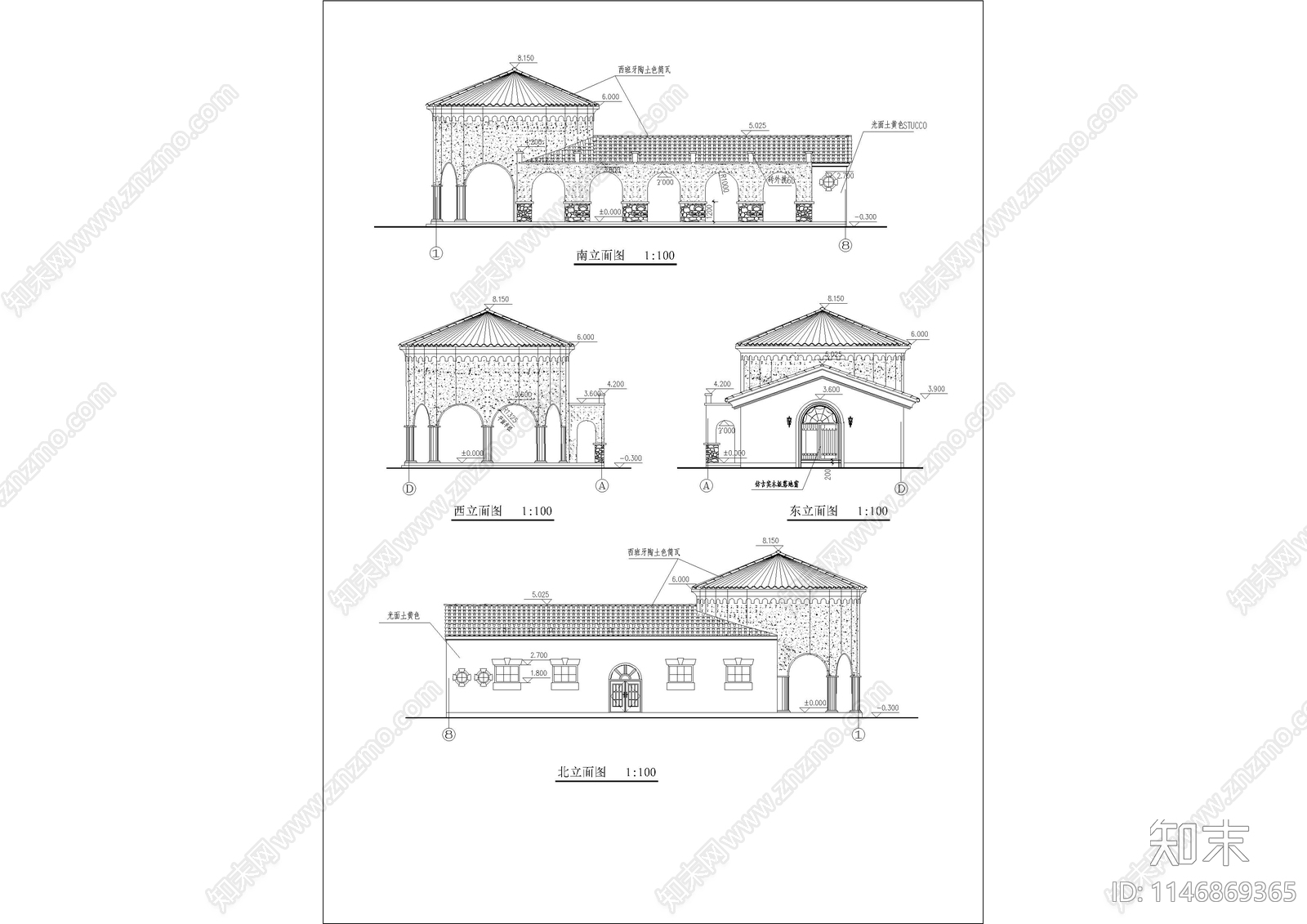 二层西班牙风格售楼处局部建筑cad施工图下载【ID:1146869365】