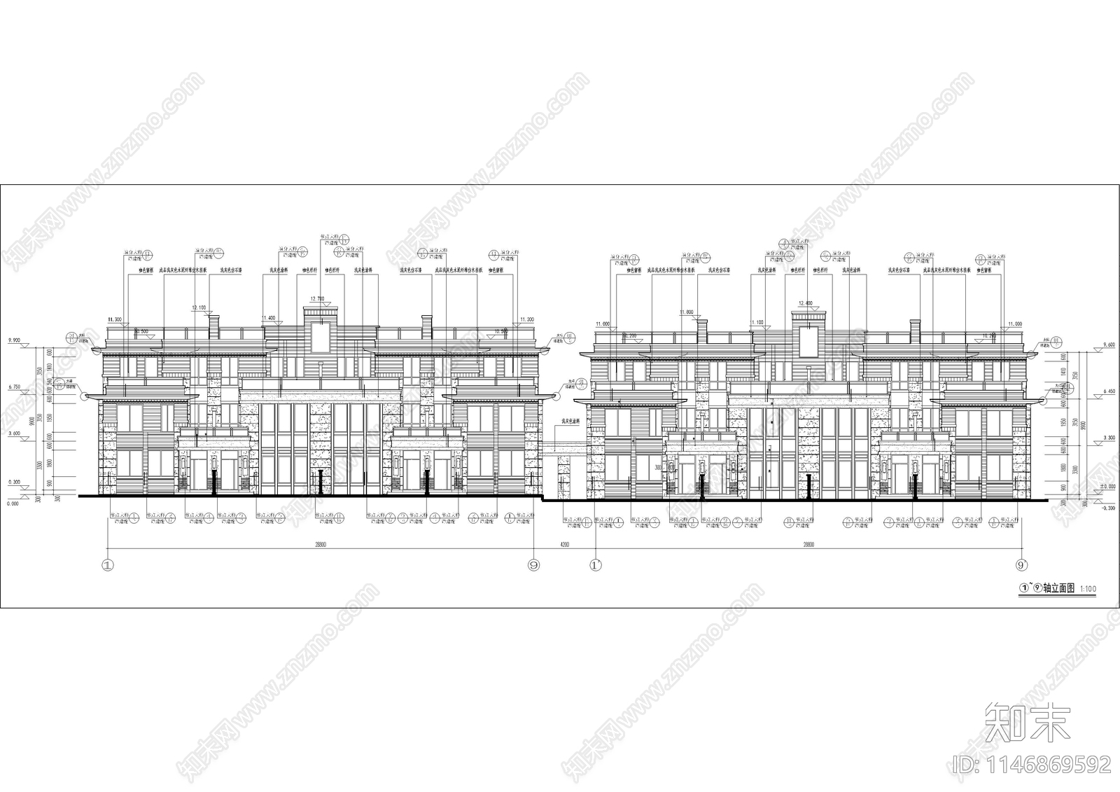 大型商业建筑群联排砂岩合院建筑cad施工图下载【ID:1146869592】