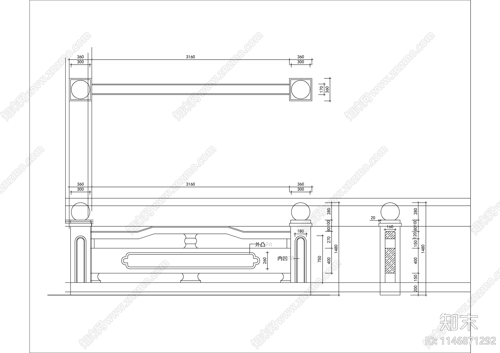 景观石桥护拦cad施工图下载【ID:1146871292】