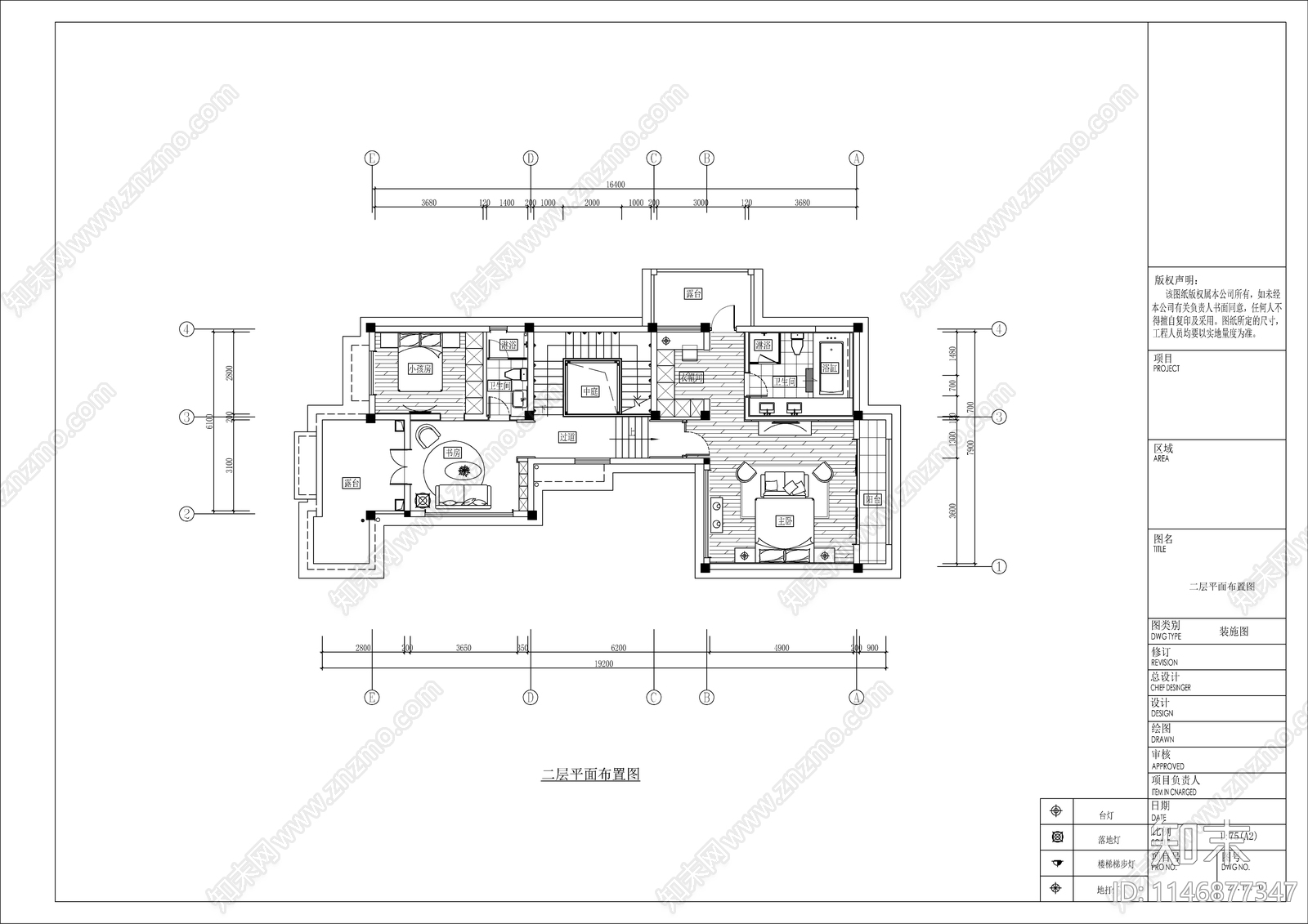 中式风格复式二层别墅cad施工图下载【ID:1146877347】