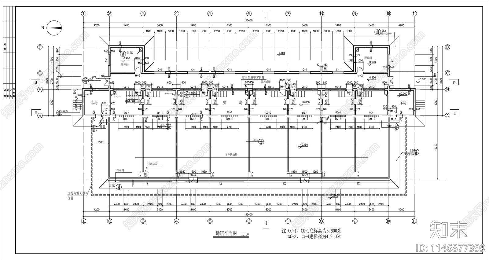 某山地动物园狮馆建筑cad施工图下载【ID:1146877399】