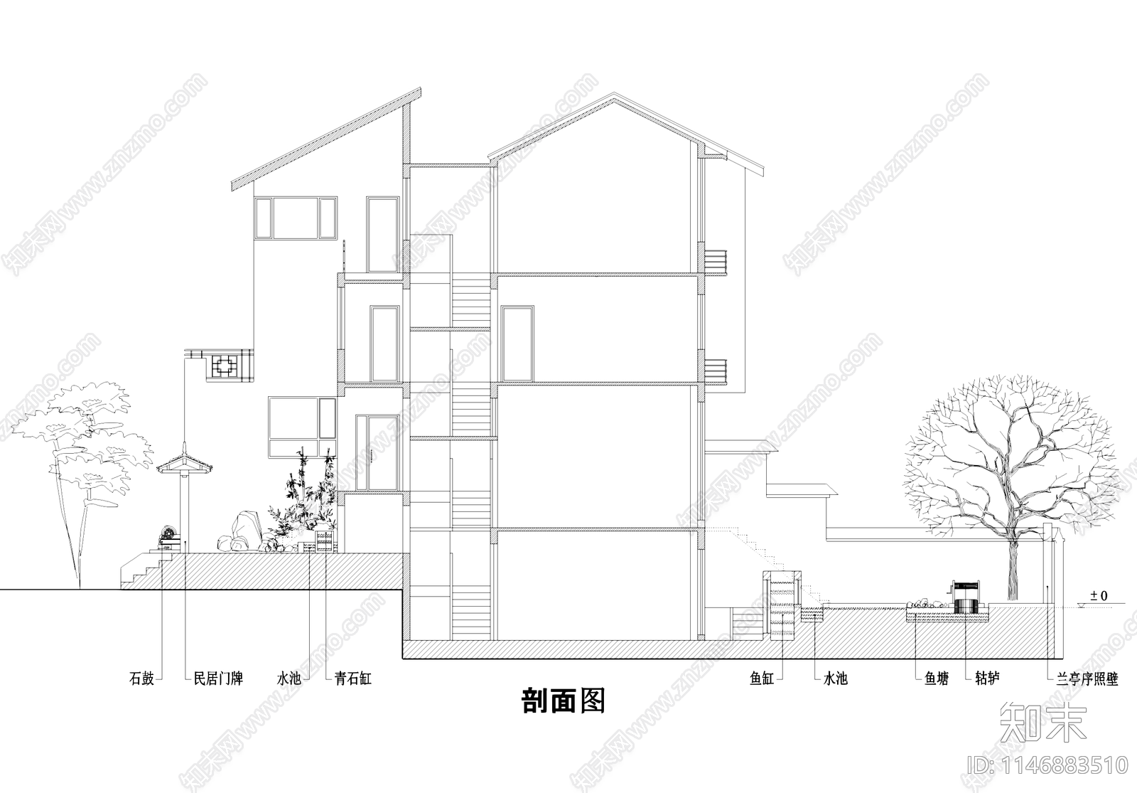 中式川西四层别墅民居建筑及室内家装cad施工图下载【ID:1146883510】