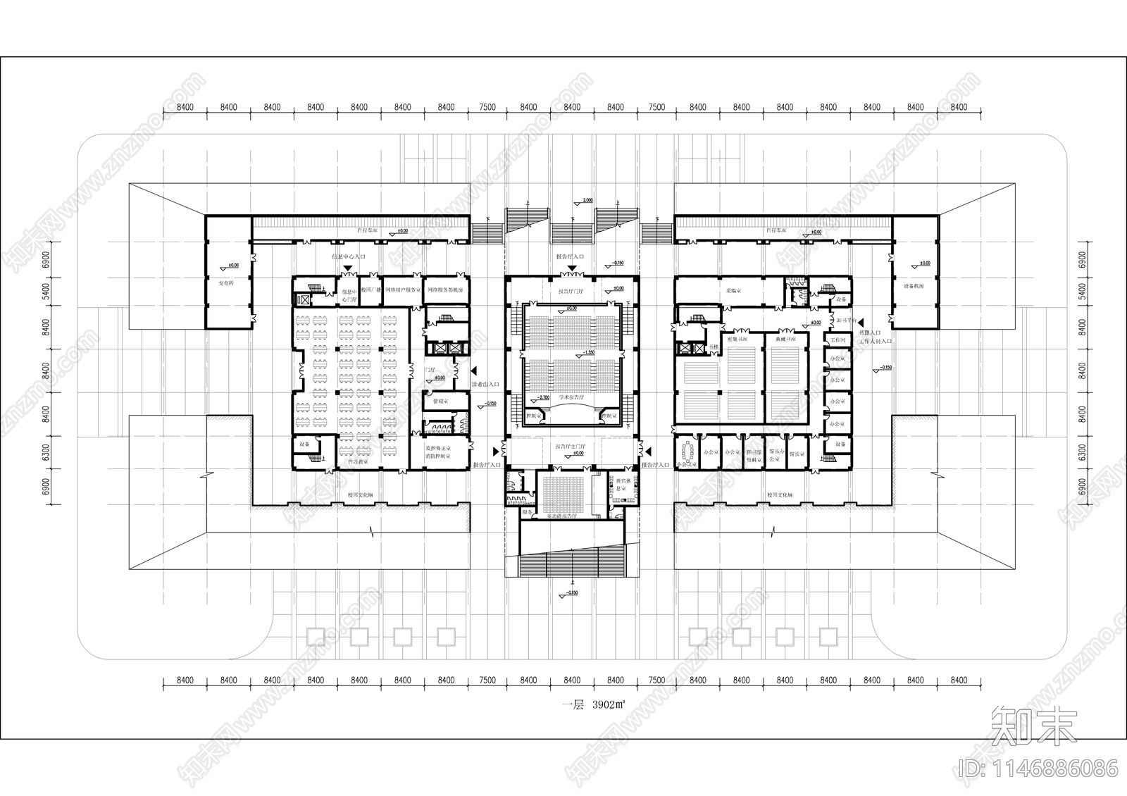 图书馆建筑平面图cad施工图下载【ID:1146886086】