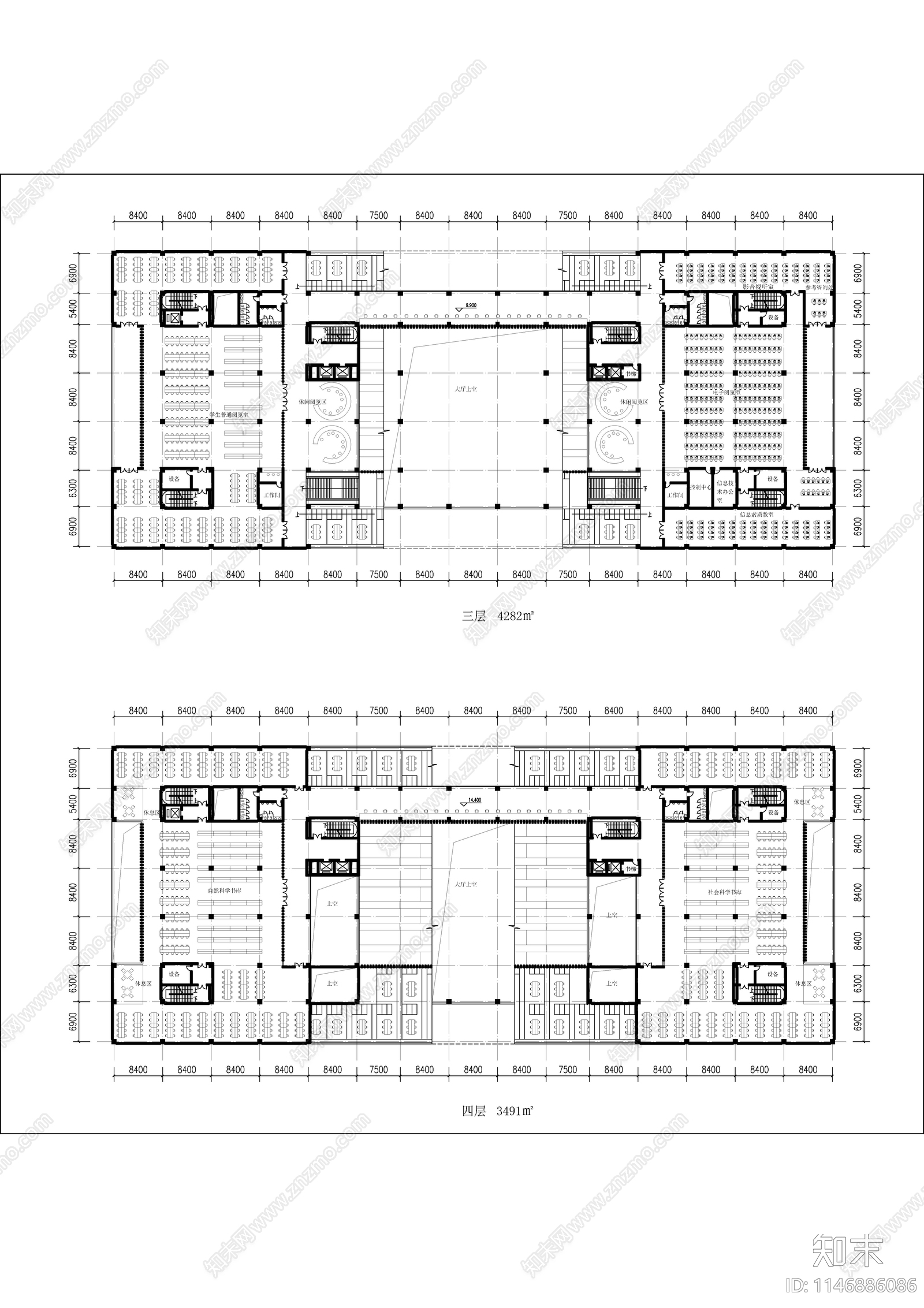 图书馆建筑平面图cad施工图下载【ID:1146886086】