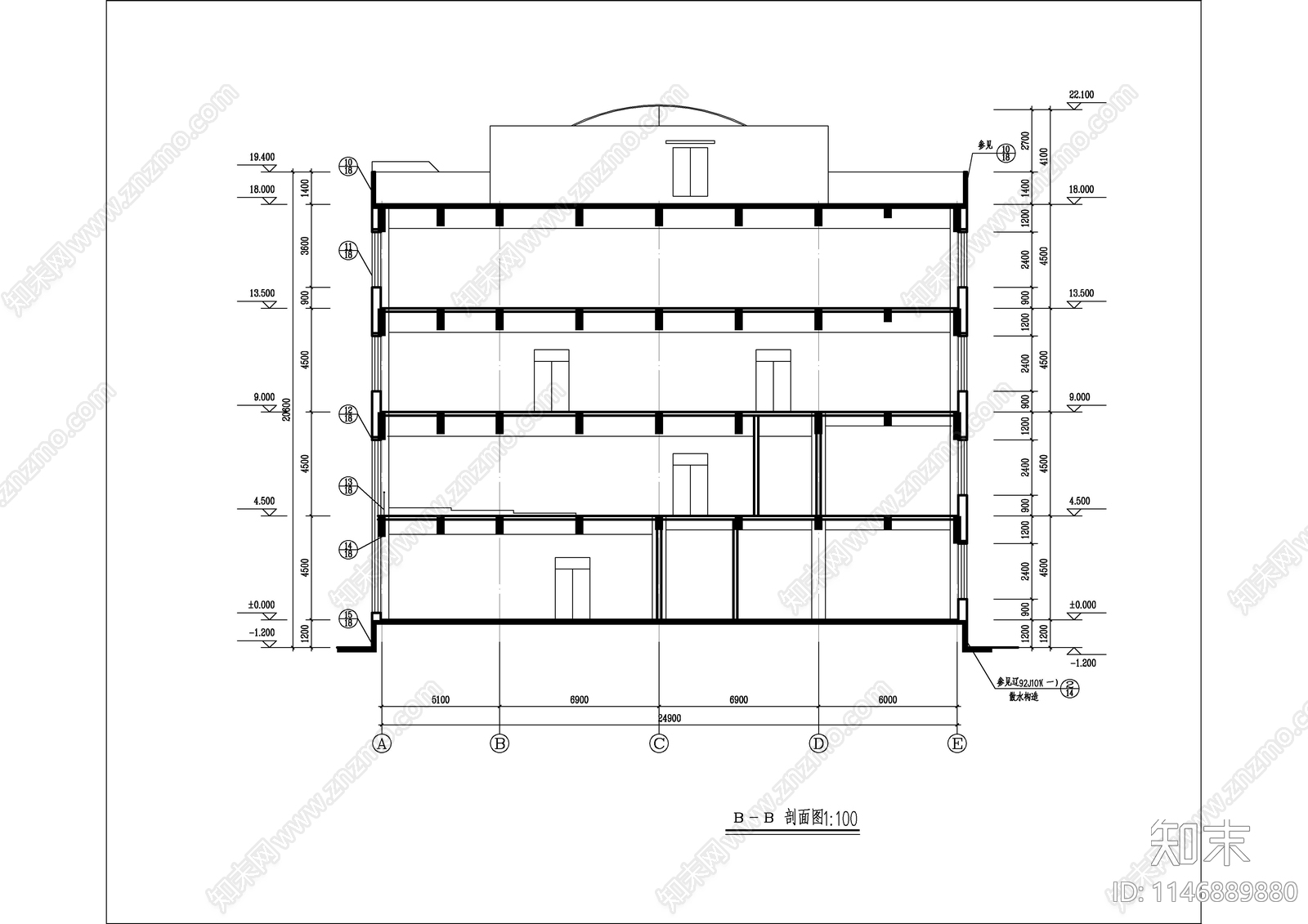 五层学校图书馆建筑cad施工图下载【ID:1146889880】