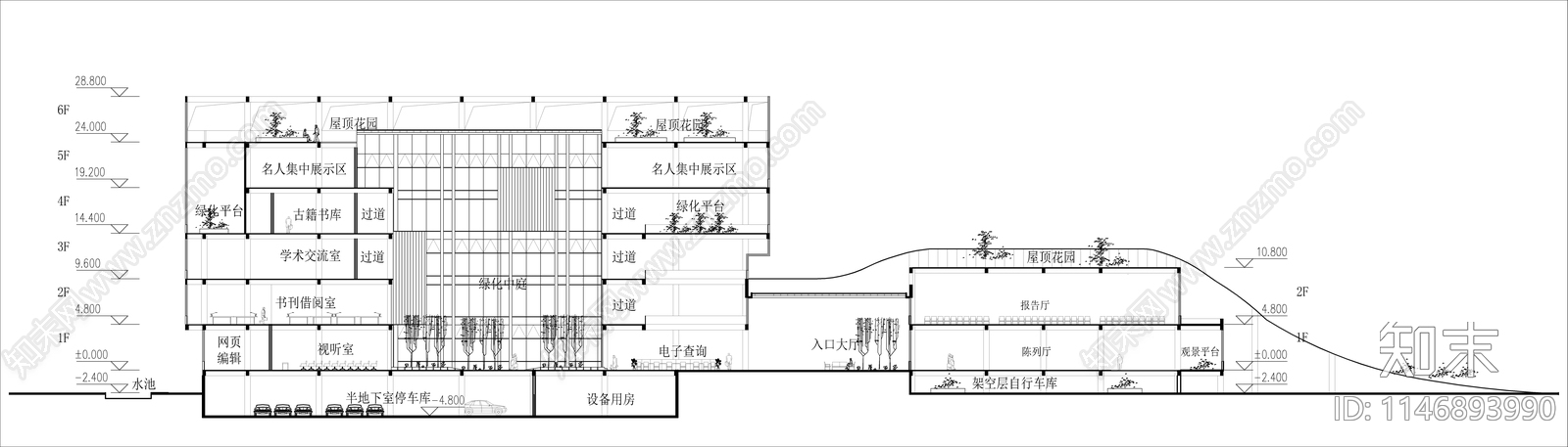 半地下层地上五层图书馆建筑cad施工图下载【ID:1146893990】