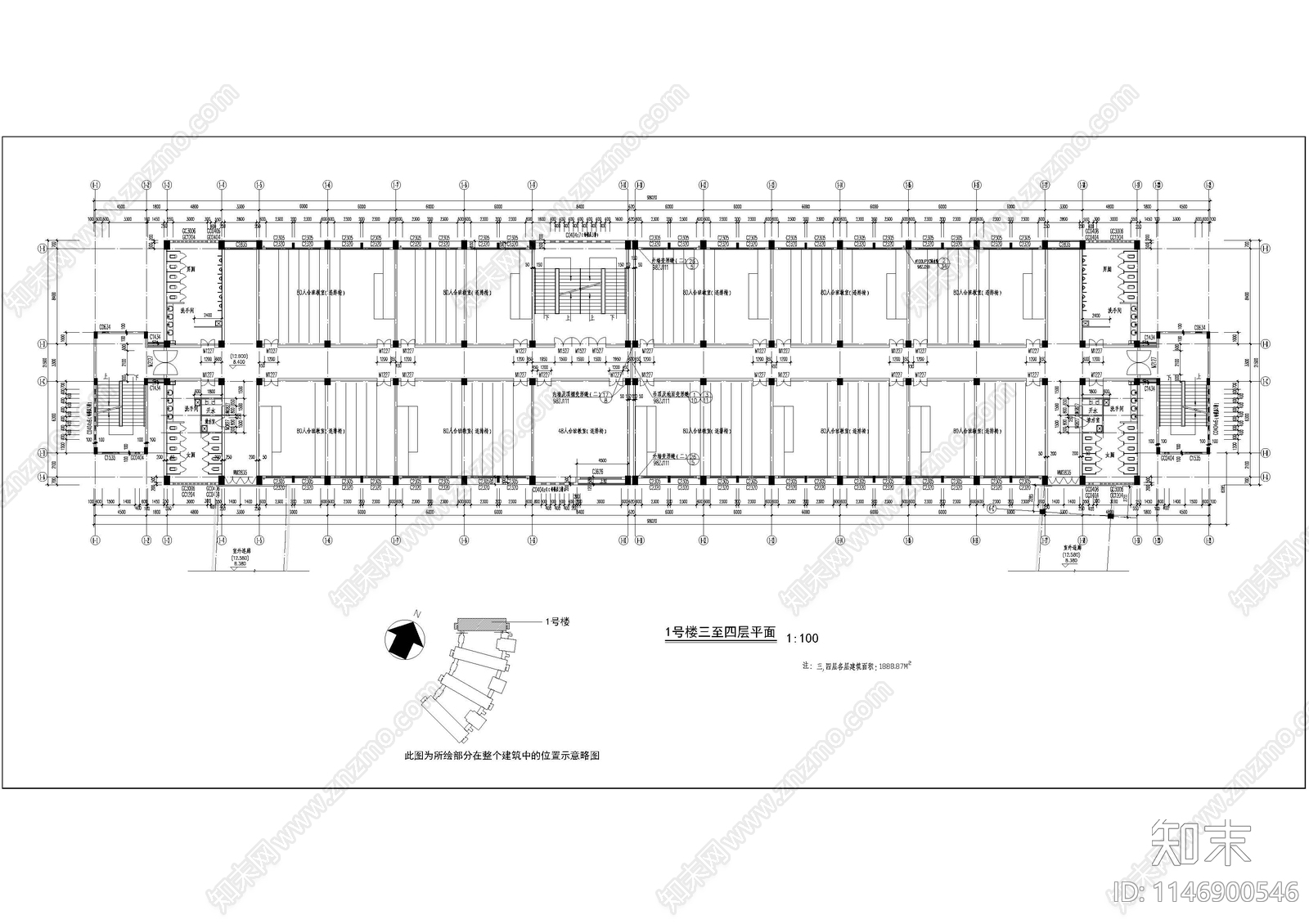 某技术学院教学楼建筑cad施工图下载【ID:1146900546】