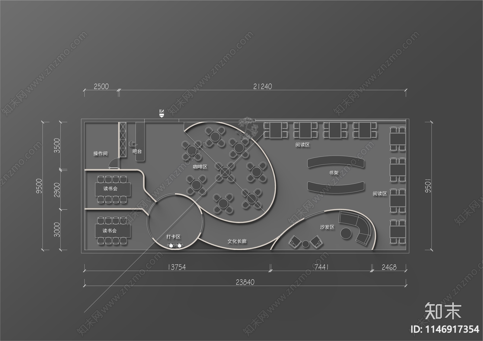 240㎡咖啡书吧室内平面图施工图下载【ID:1146917354】