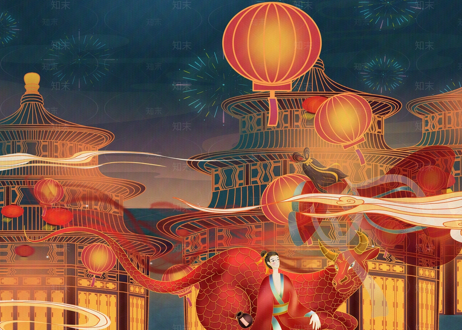 古风国潮古建筑装饰画贴图下载【ID:1146929887】