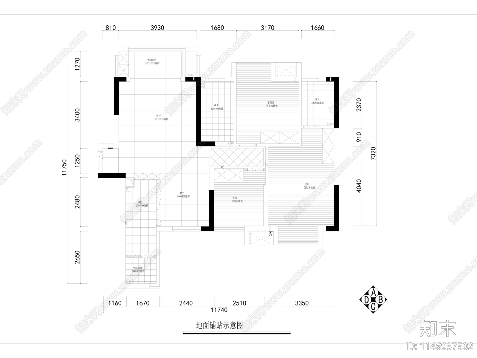 110平家装平层室内cad施工图下载【ID:1146937502】