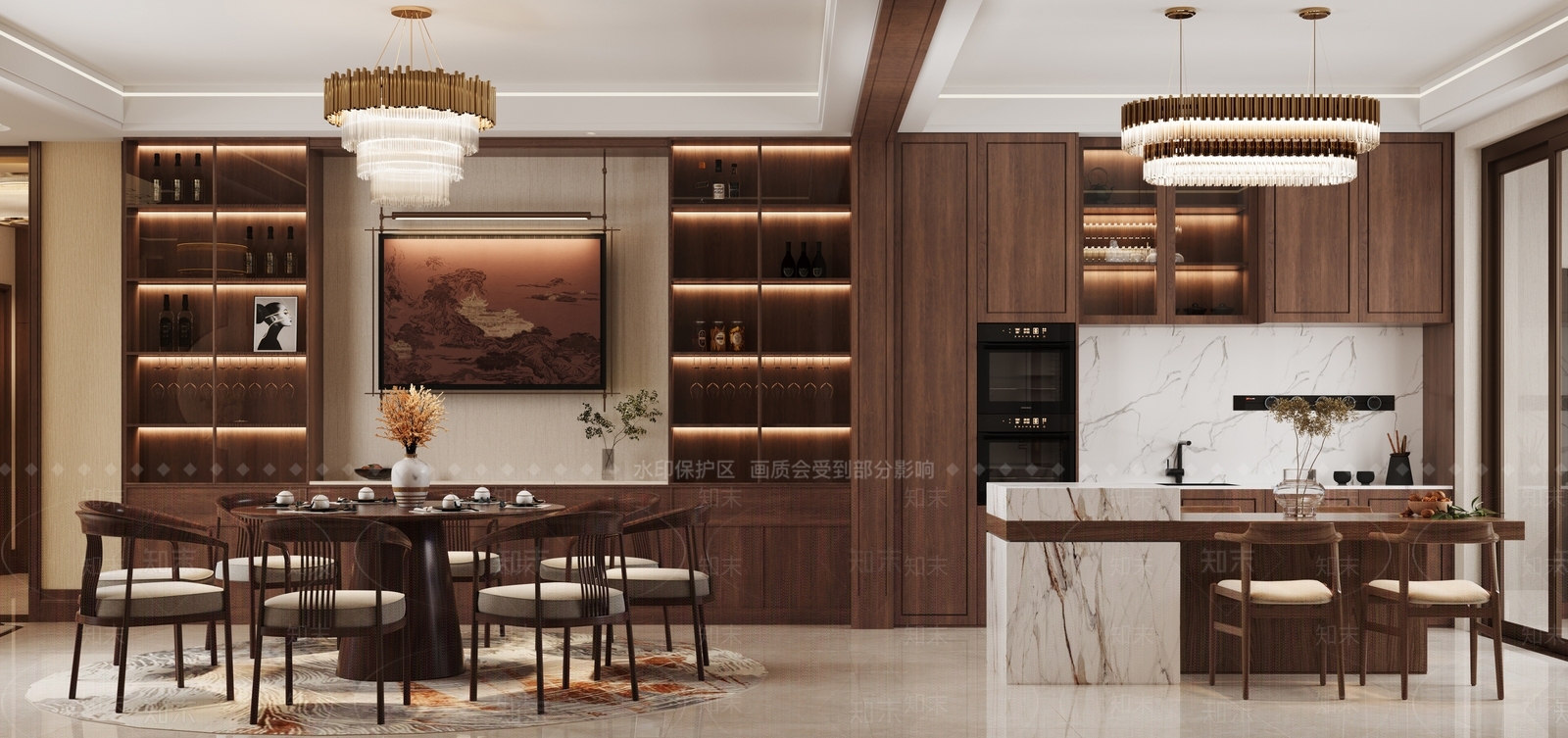 中式餐厅酒柜西厨餐桌岛台3D模型下载【ID:1146941391】