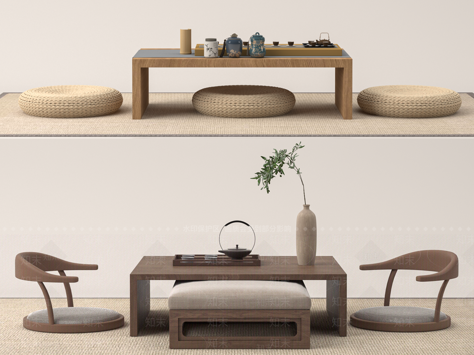 日式榻榻米茶桌椅3D模型下载【ID:1146944030】