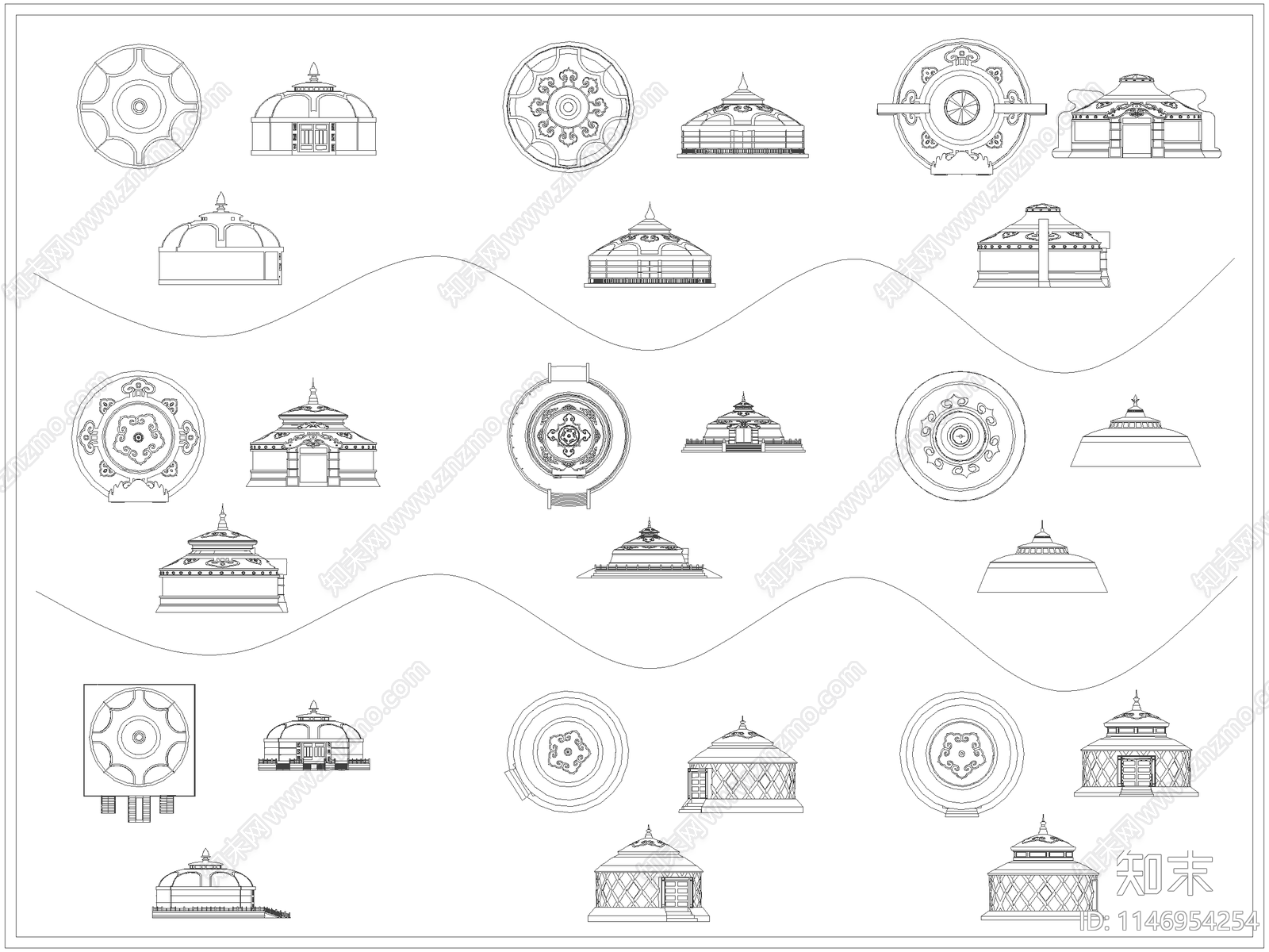 网红蒙古包毡房民宿露营帐篷施工图下载【ID:1146954254】