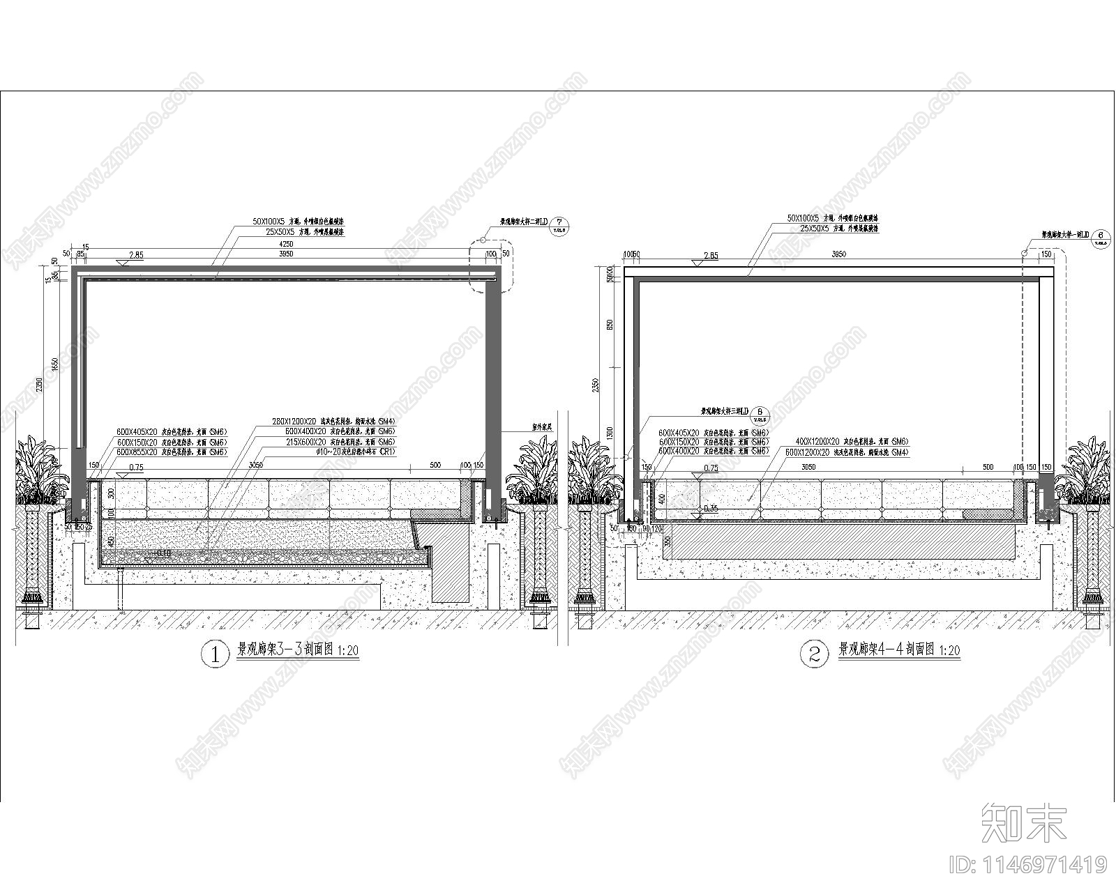 下沉广场景观廊架节点cad施工图下载【ID:1146971419】