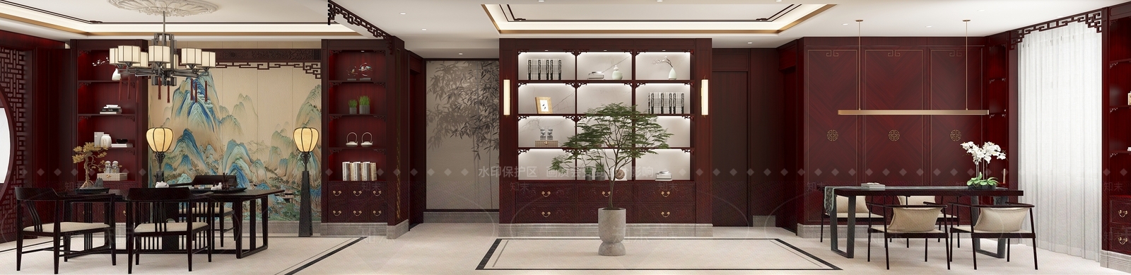 中式新中式客餐厅月亮门挂落落地灯餐桌吊灯茶桌背景墙护墙板3D模型下载【ID:1146972450】