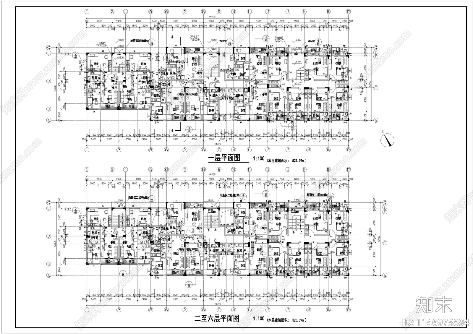 保障房公寓建筑cad施工图下载【ID:1146975894】