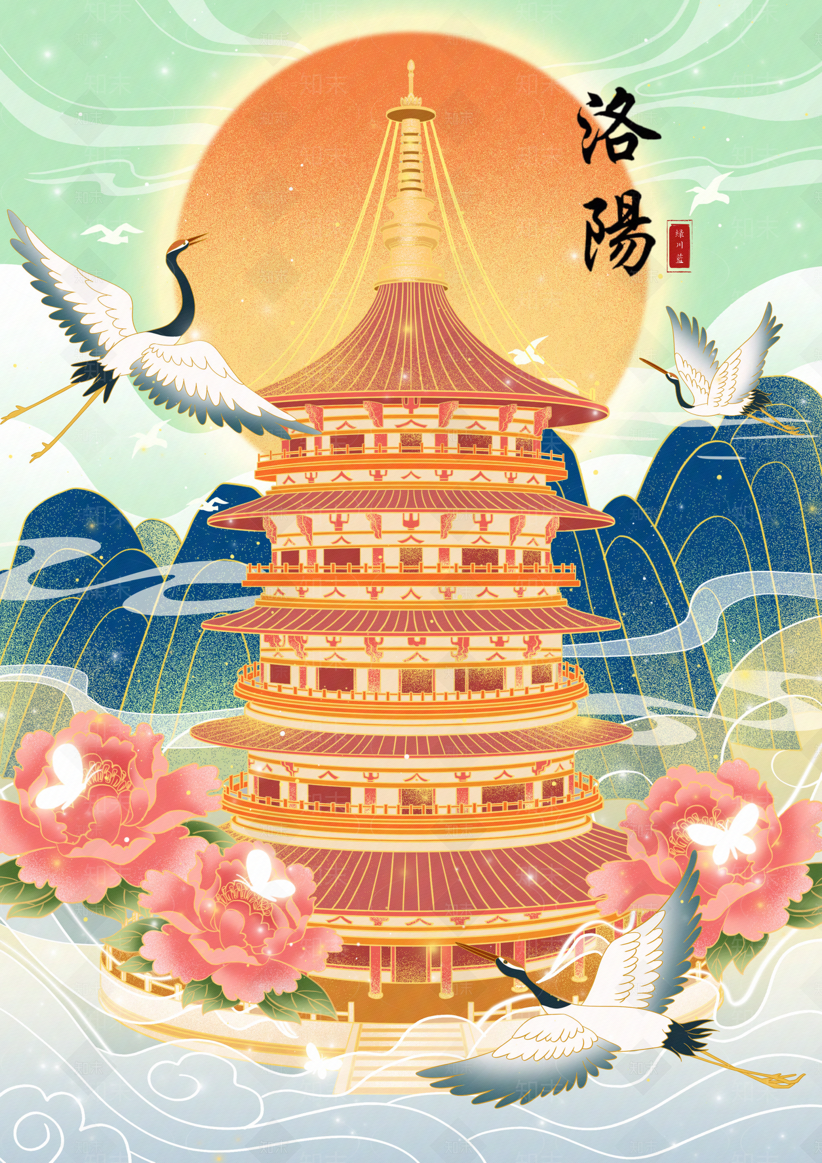 古风国潮古建筑装饰画贴图下载【ID:1146991210】