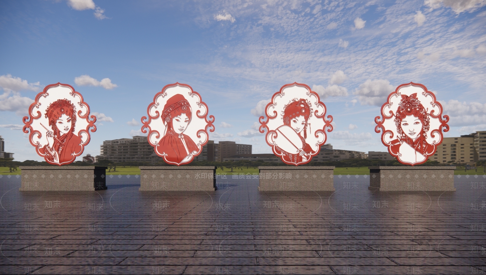 中式传统戏曲人物雕塑小品SU模型下载【ID:1147006342】