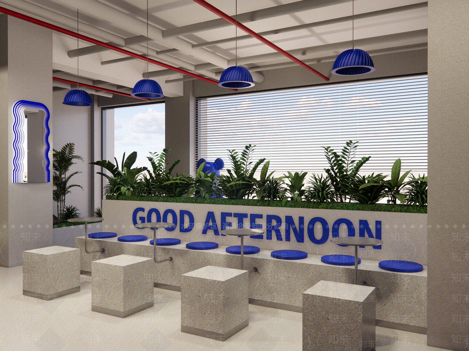 现代简约奶茶店克莱因蓝绿植靠墙卡座桌椅空间SU模型下载【ID:1147014571】