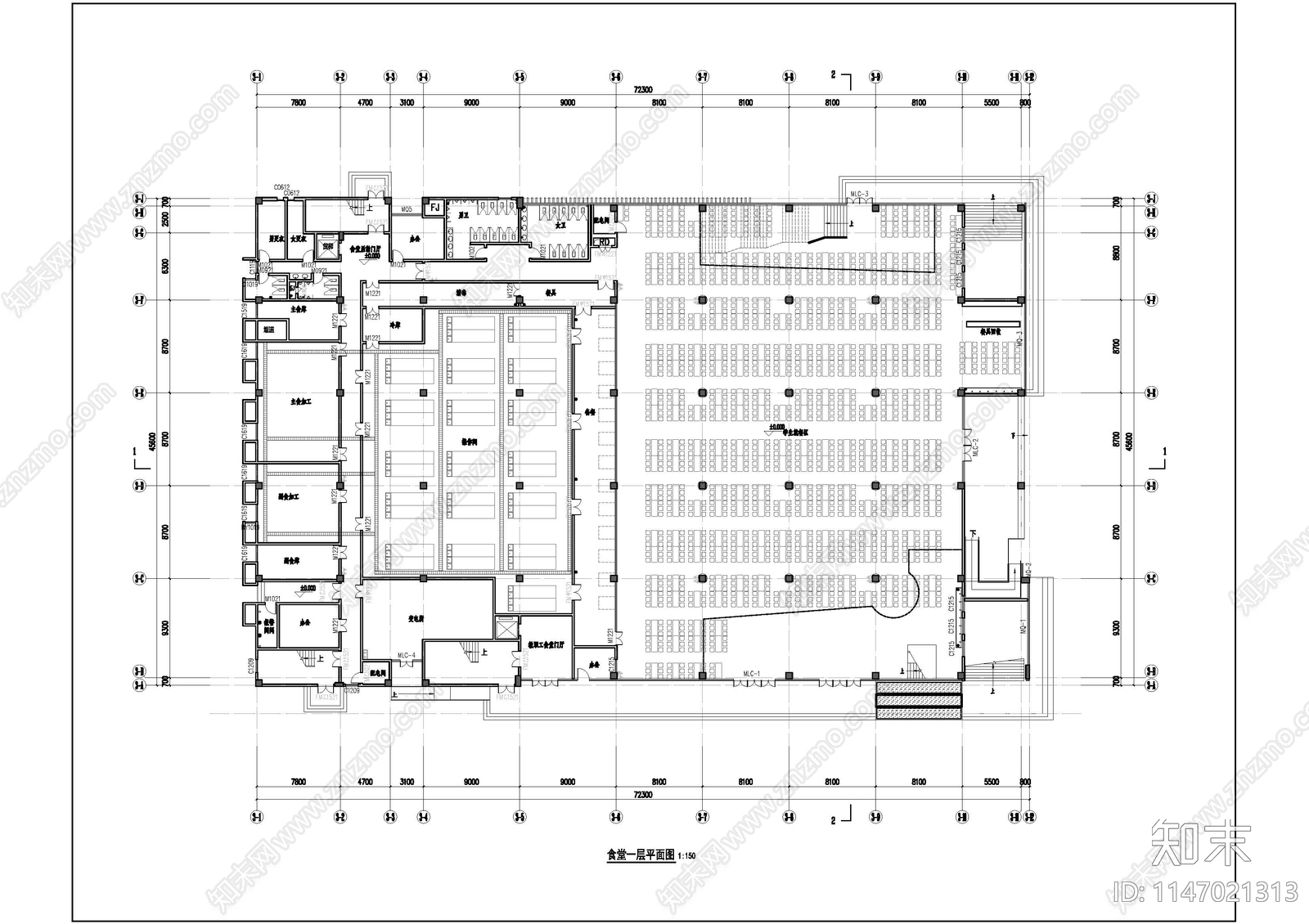 学校食堂平面图cad施工图下载【ID:1147021313】