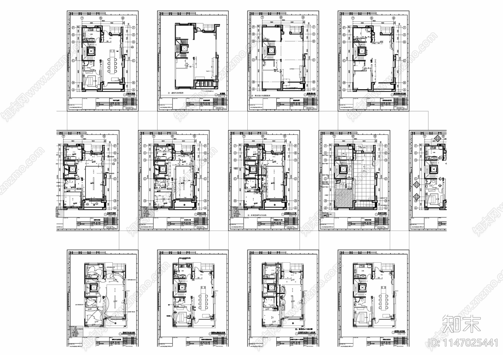 三层整套现代别墅室内cad施工图下载【ID:1147025441】