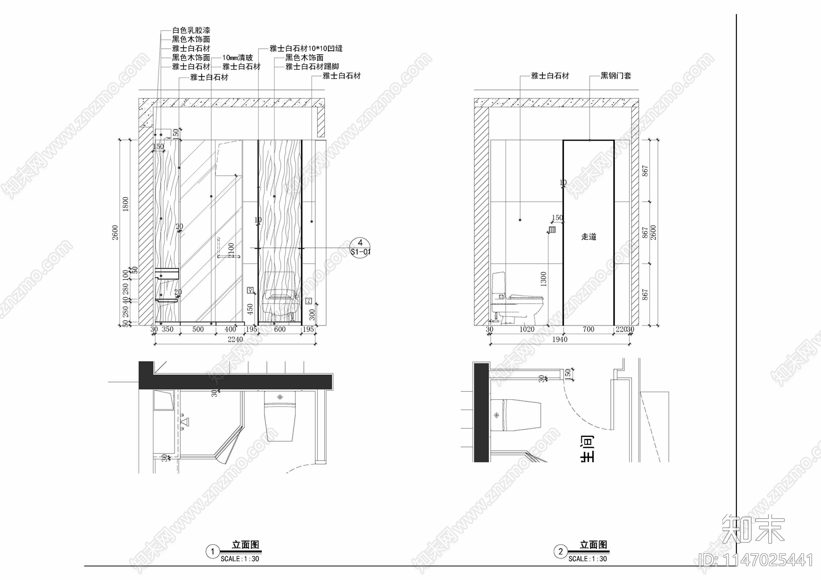 三层整套现代别墅室内cad施工图下载【ID:1147025441】