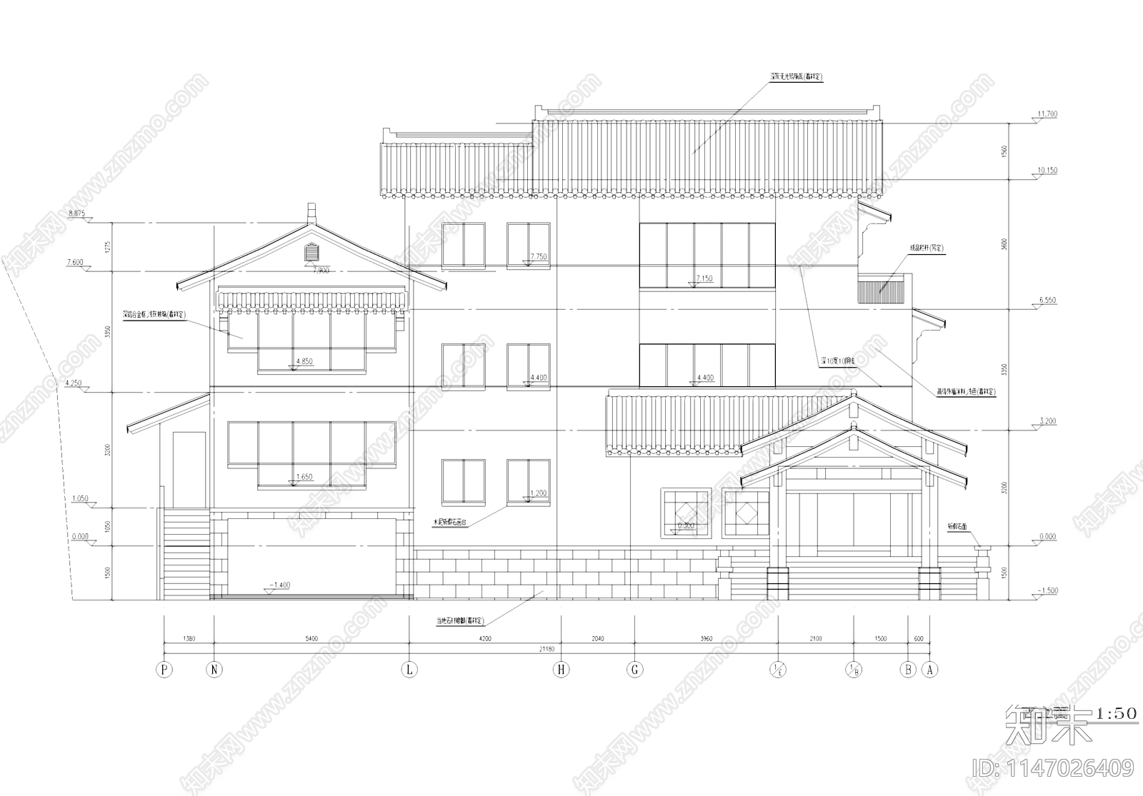 中式太湖培训中心酒店客房建筑cad施工图下载【ID:1147026409】