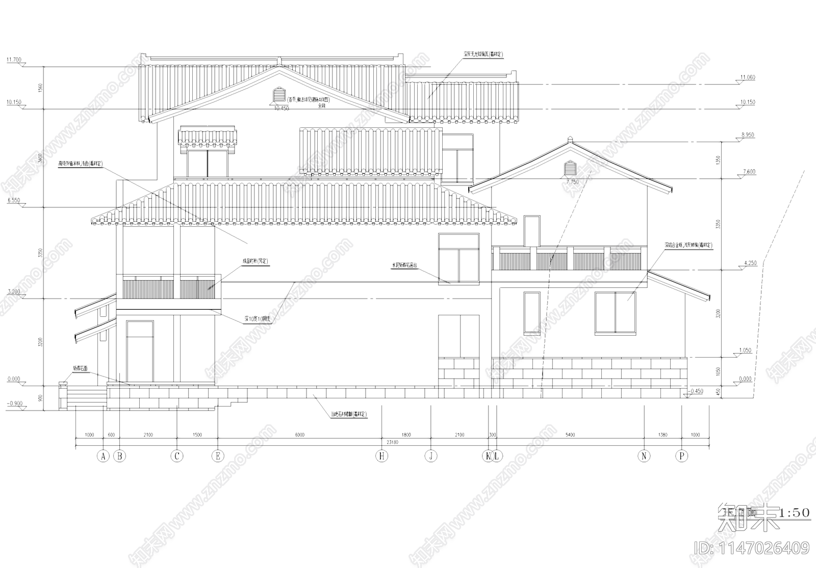 中式太湖培训中心酒店客房建筑cad施工图下载【ID:1147026409】