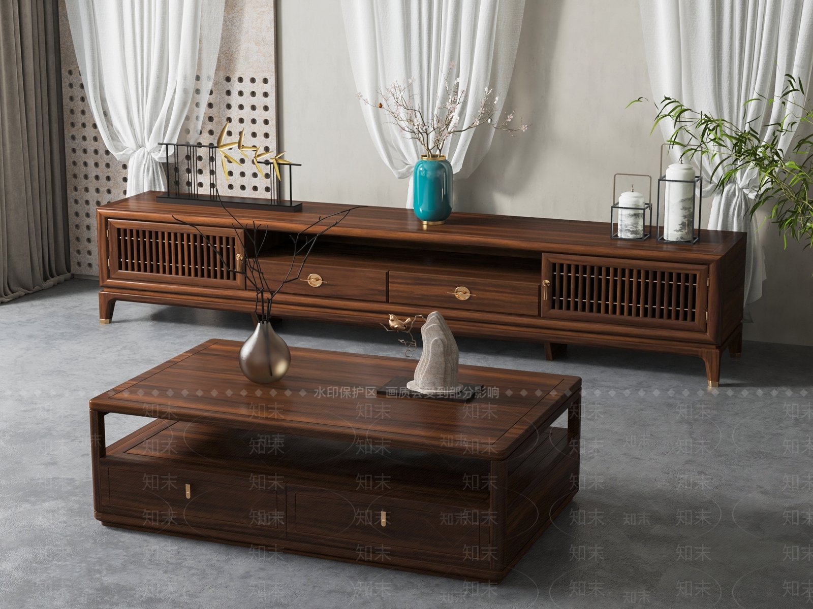 新中式茶几电视柜组合SU模型下载【ID:1147047554】