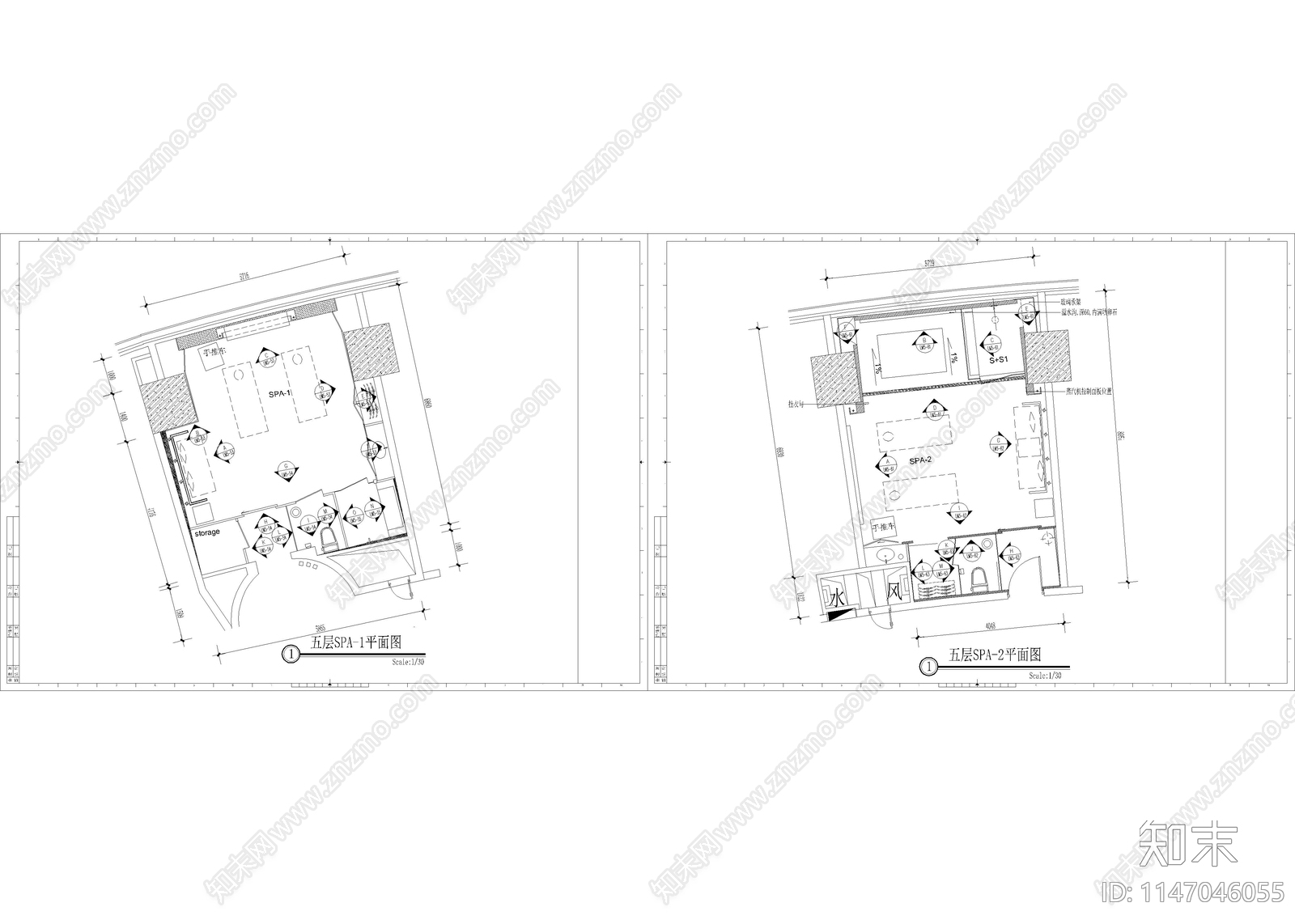 豪华酒店两套SPA房室内cad施工图下载【ID:1147046055】