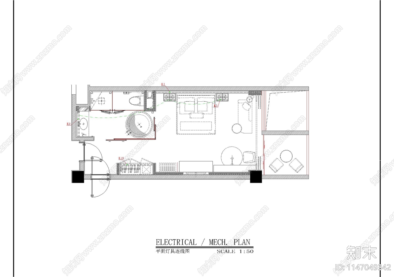 酒店大床房机电cad施工图下载【ID:1147049342】