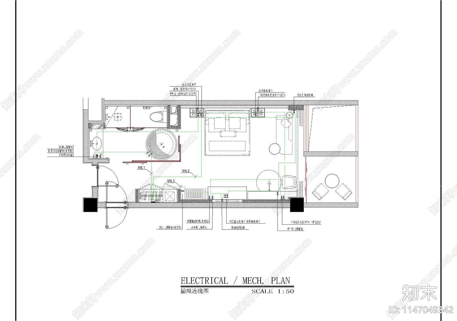 酒店大床房机电cad施工图下载【ID:1147049342】