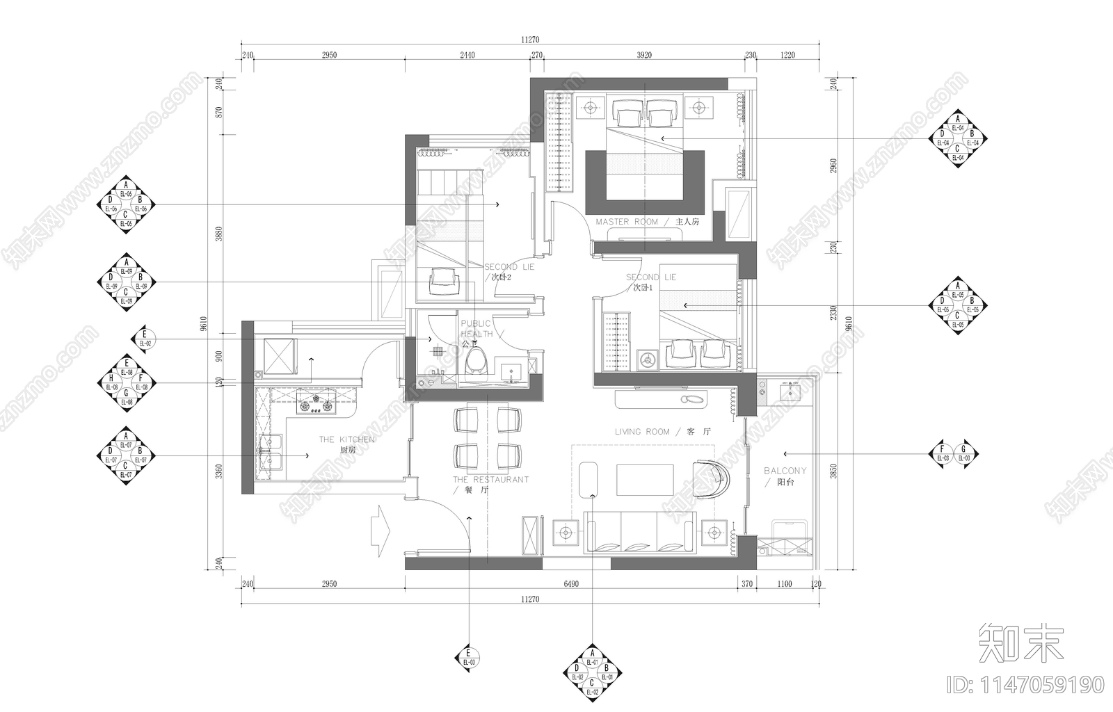 住宅家装餐厅卧室客厅cad施工图下载【ID:1147059190】