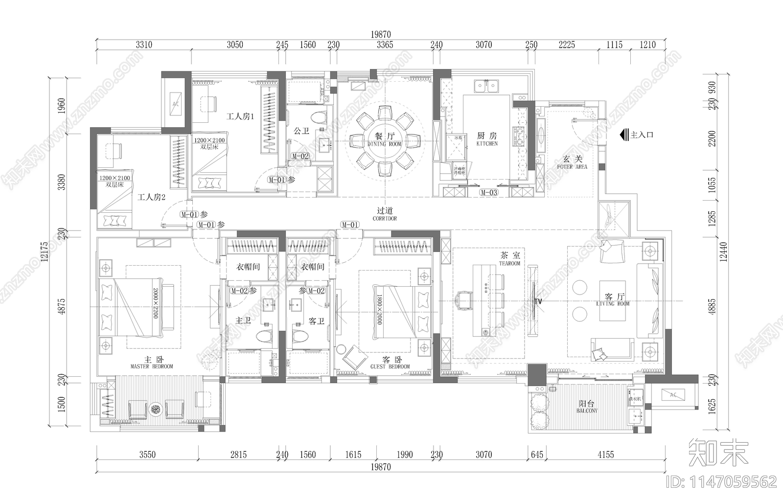 住宅客厅家装卧室餐厅cad施工图下载【ID:1147059562】