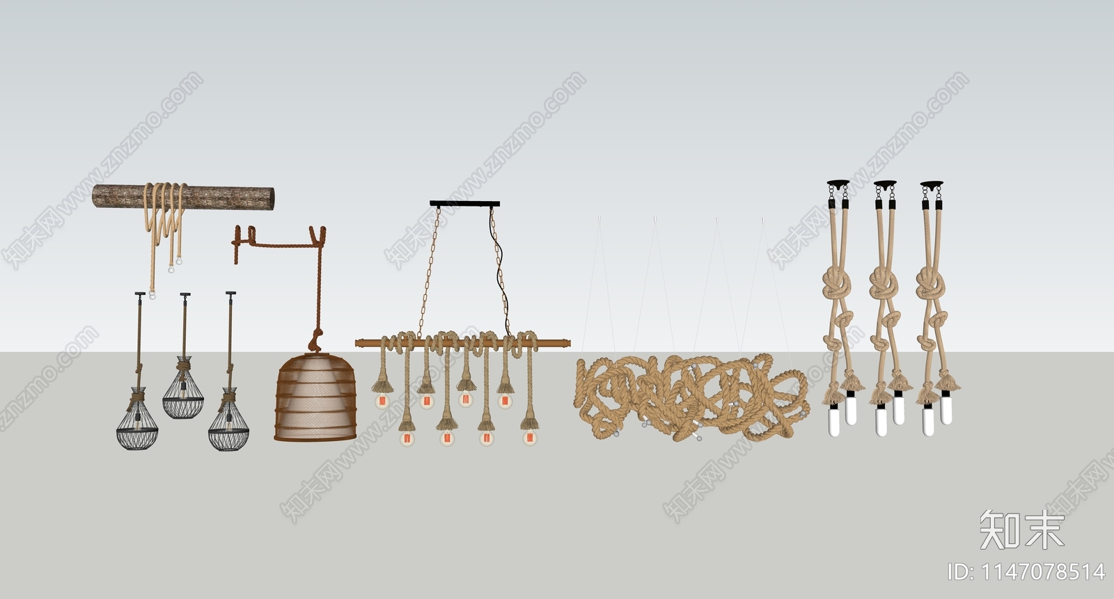 新中式麻绳吊灯SU模型下载【ID:1147078514】