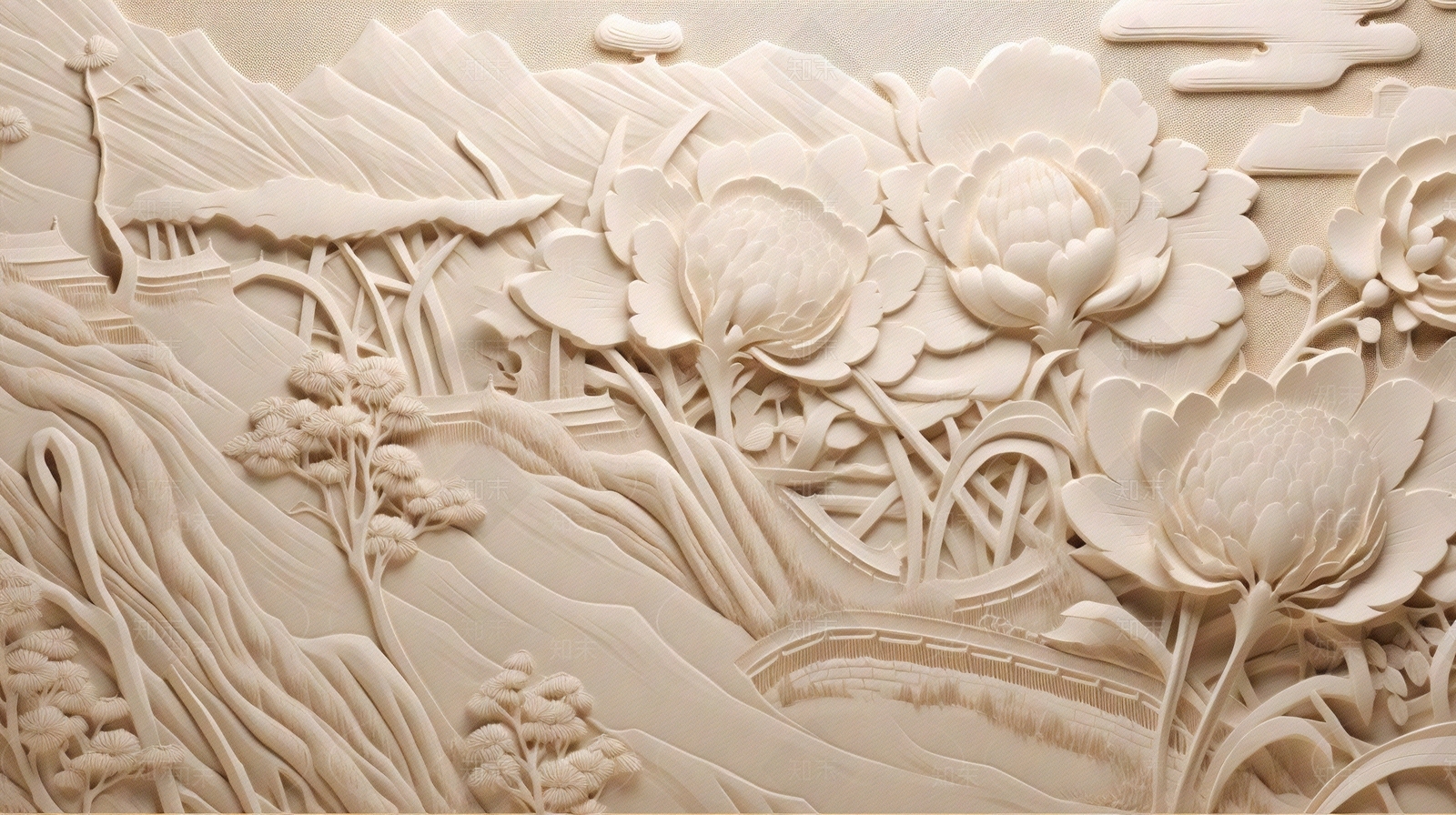 荷花中式浮雕壁画贴图下载【ID:1147084127】