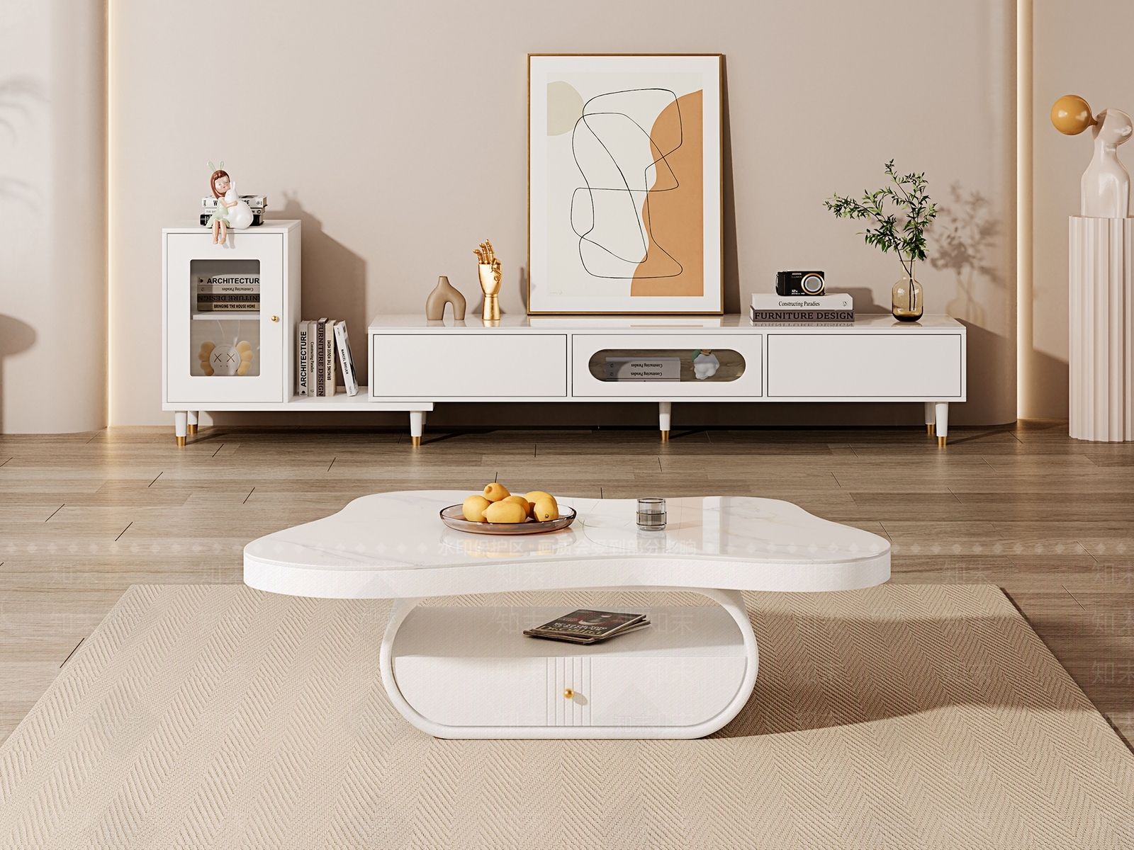 现代奶油风电视柜茶几组合3D模型下载【ID:1147173121】