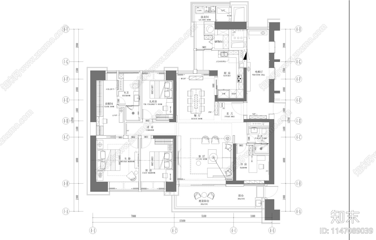 家装住宅客厅卧室餐厅效果图cad施工图下载【ID:1147089039】