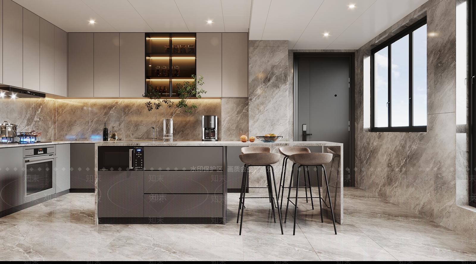 现代深色柜门厨房3D模型下载【ID:1147093234】