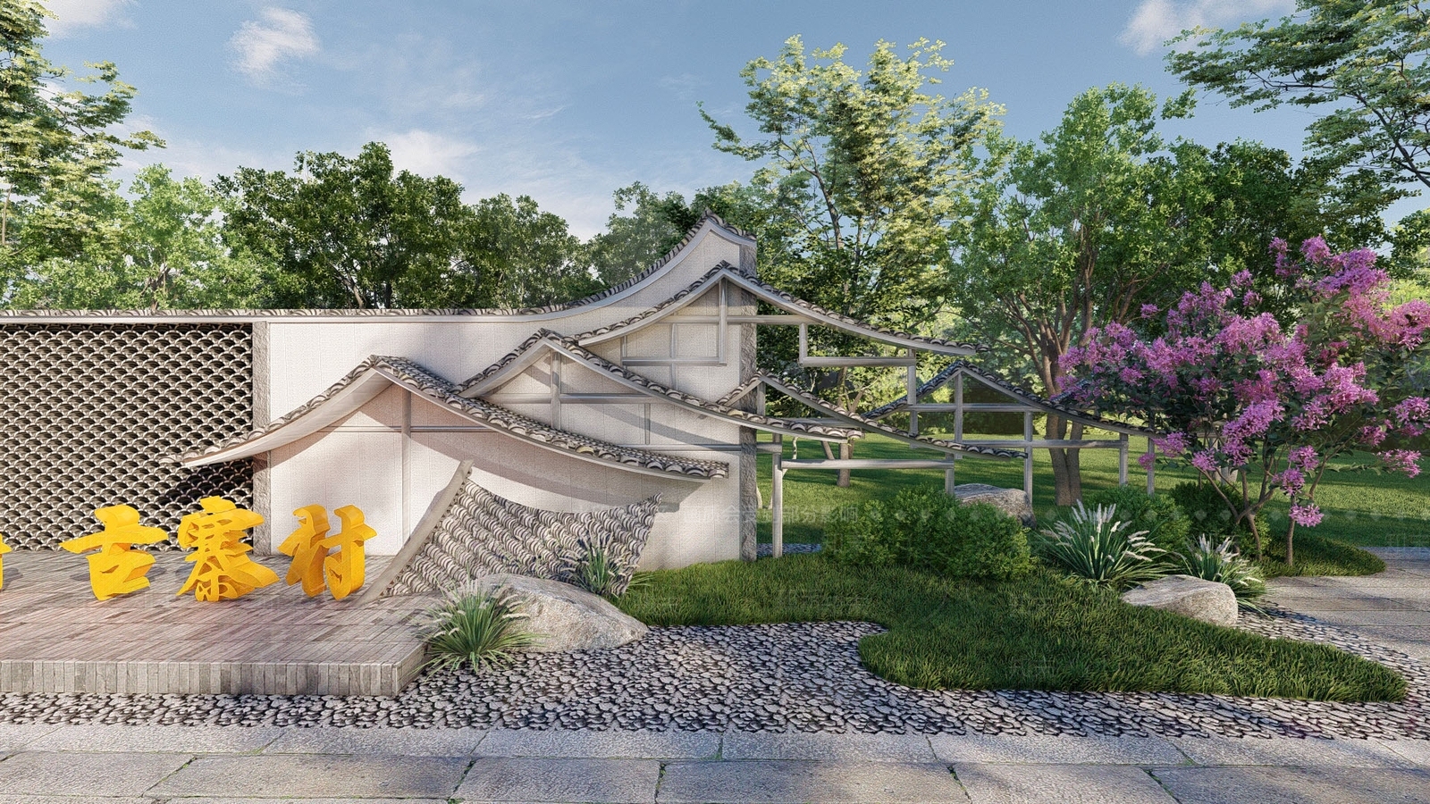 新中式乡村文化景墙SU模型下载【ID:1147094736】