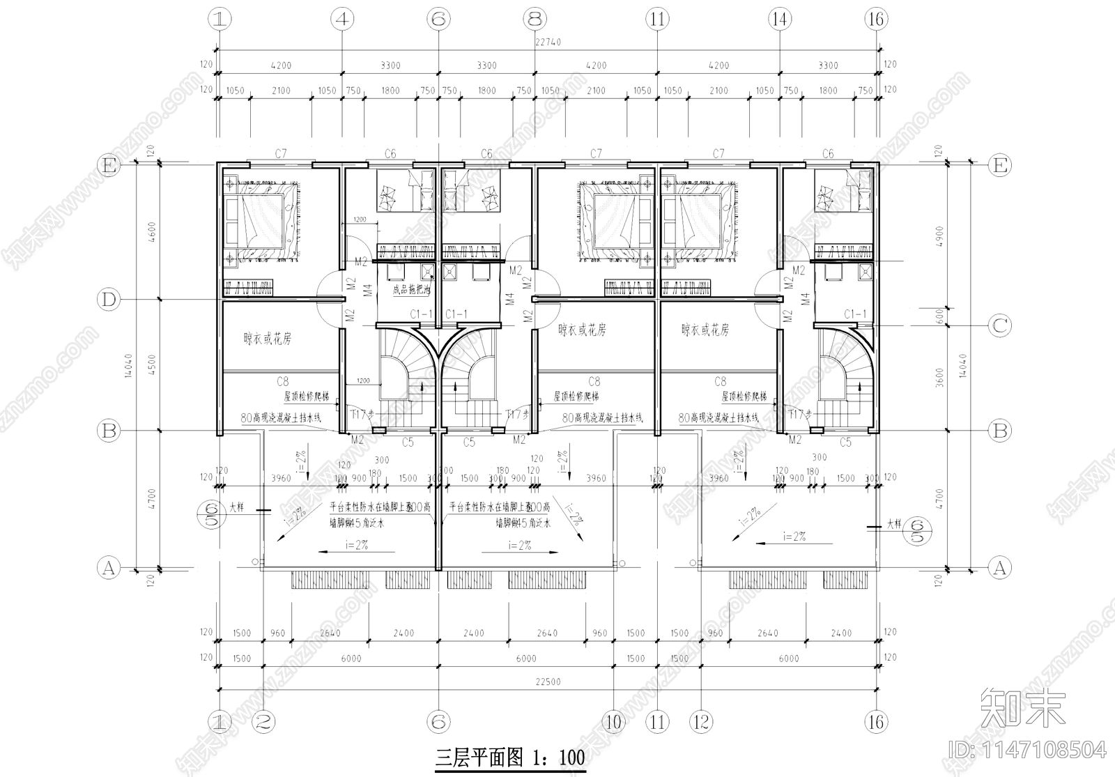 中式三拼联排别墅建筑cad施工图下载【ID:1147108504】