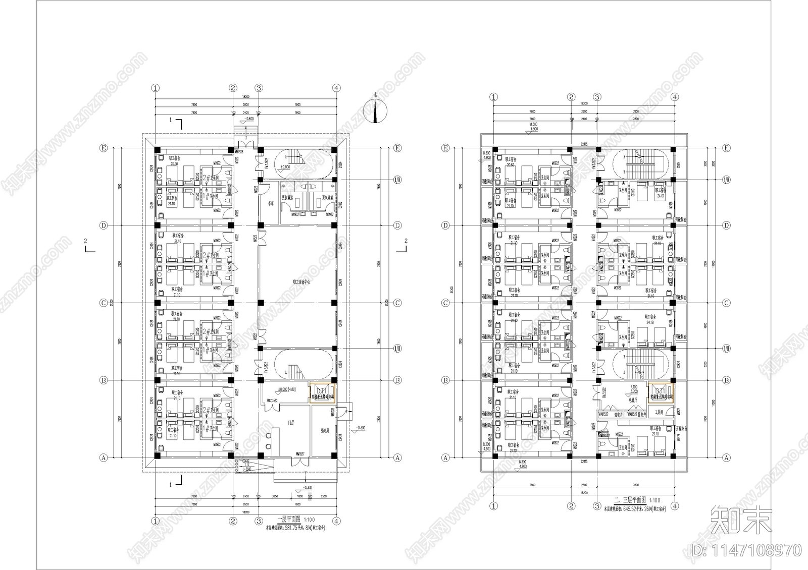 职工宿舍建筑cad施工图下载【ID:1147108970】